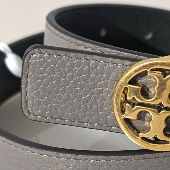 Tory Burch Reversible 1" Logo Buckle Belt Gray Heron Poblano Gold Green - Picture 5 of 7